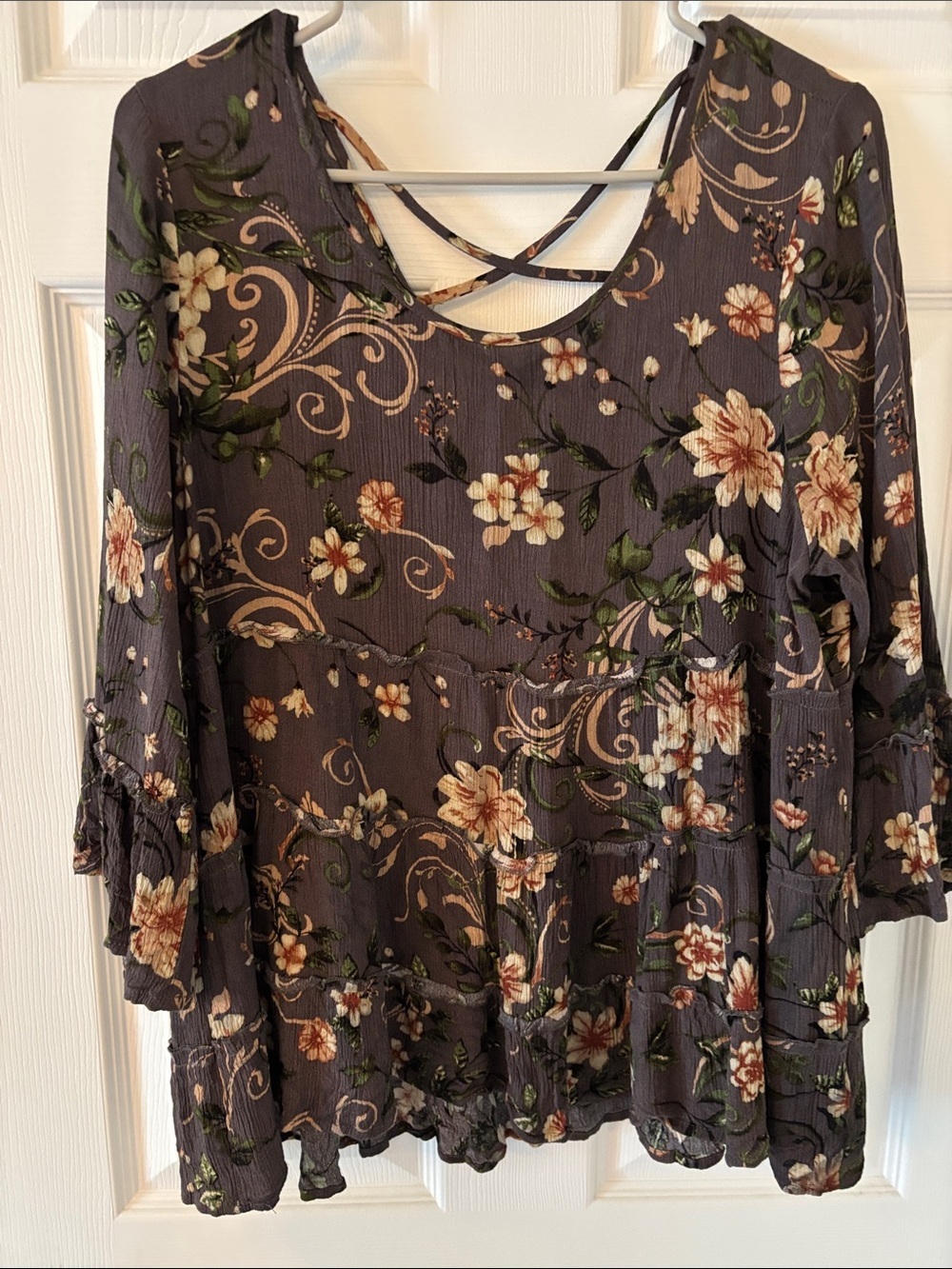 Women's Floral Tiered Tunic Top - Gray with Cream & Green